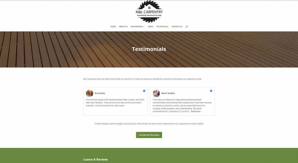 M&L Carpentry Testimonials Page Example